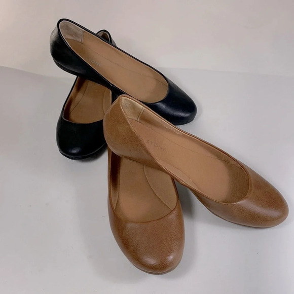 Sun & stone eliana black and cognac faux leather ballet flats lot basic neutral - Picture 1 of 12